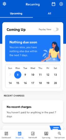 Screenshot of Rocket Money's Recurring screen where it shows you upcoming bills